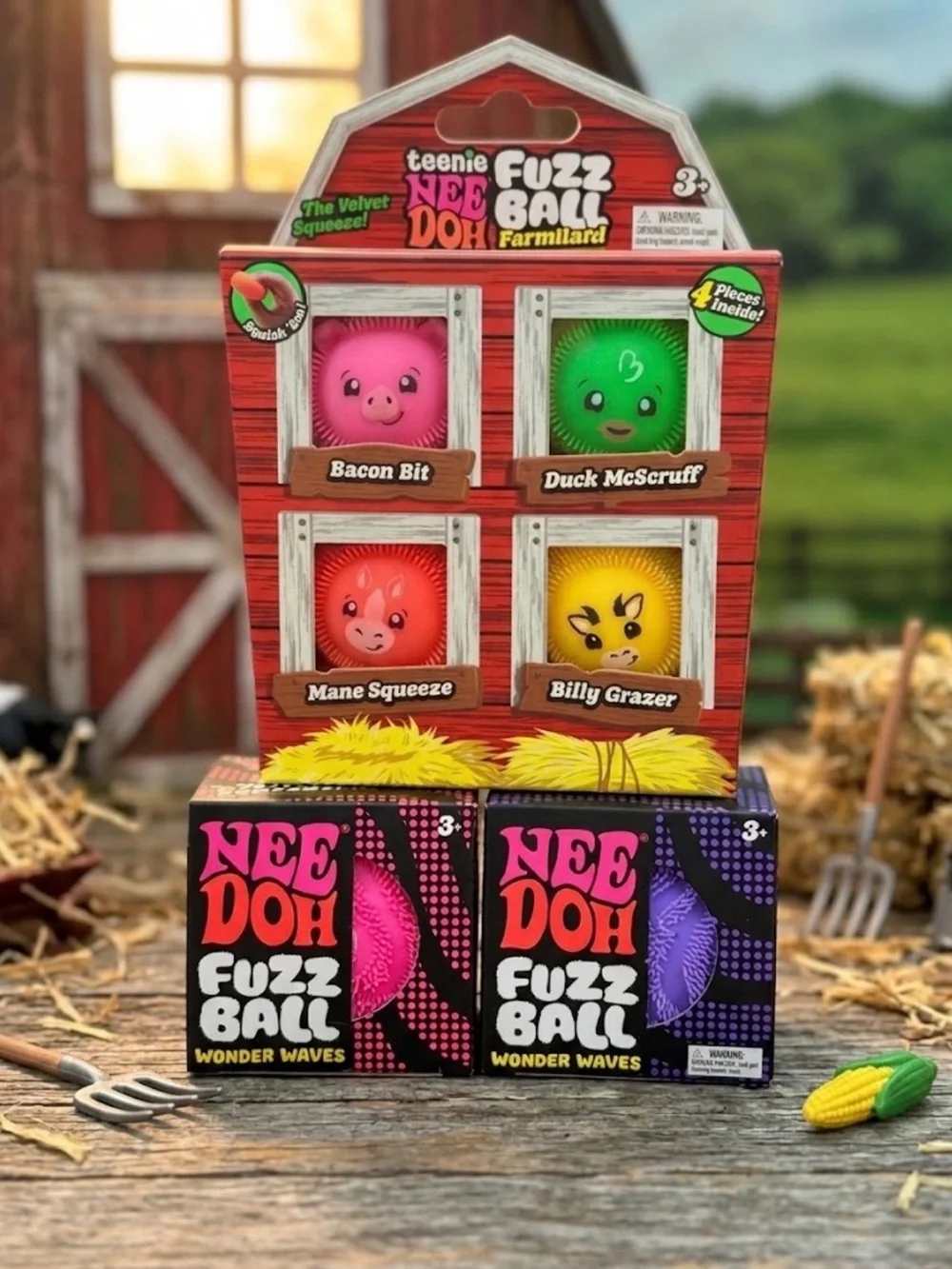 Nee Doh Fuzz Ball Kids Toy 4-Pack - Pink, Green, Red, Yellow